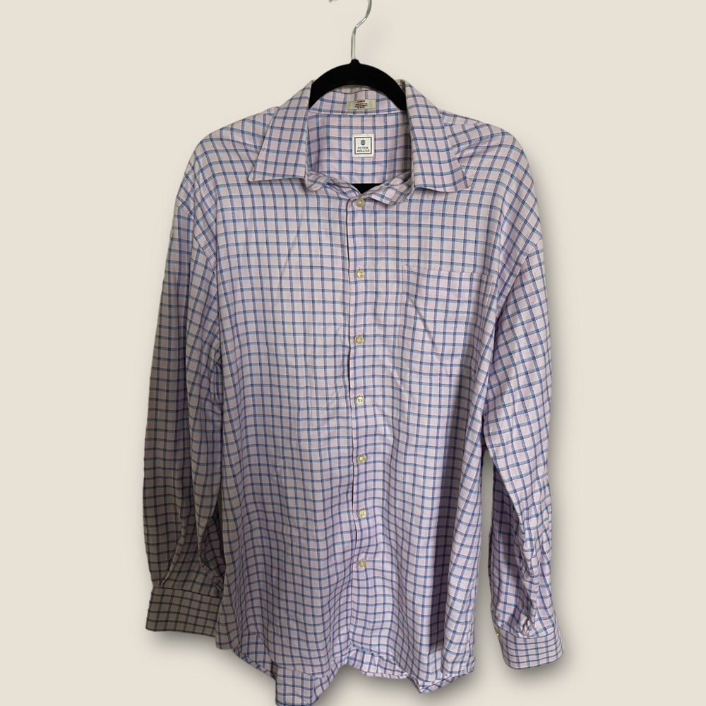 Peter Millar Shirt Men's L Light Purple Long Sleeve‎ Checkered Cotton EXCELLENT✅
